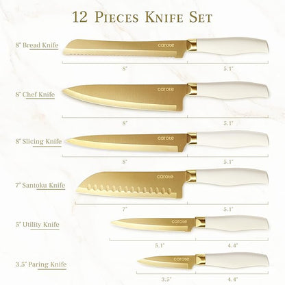CAROTE 12PCS Kitchen Knife Set, Healthy Gold Titanium Coating Knife Set, Dishwasher Safe with 6 Blade Guards, Rustproof Stainless Steel Cutlery Set, White and Gold - Image 2