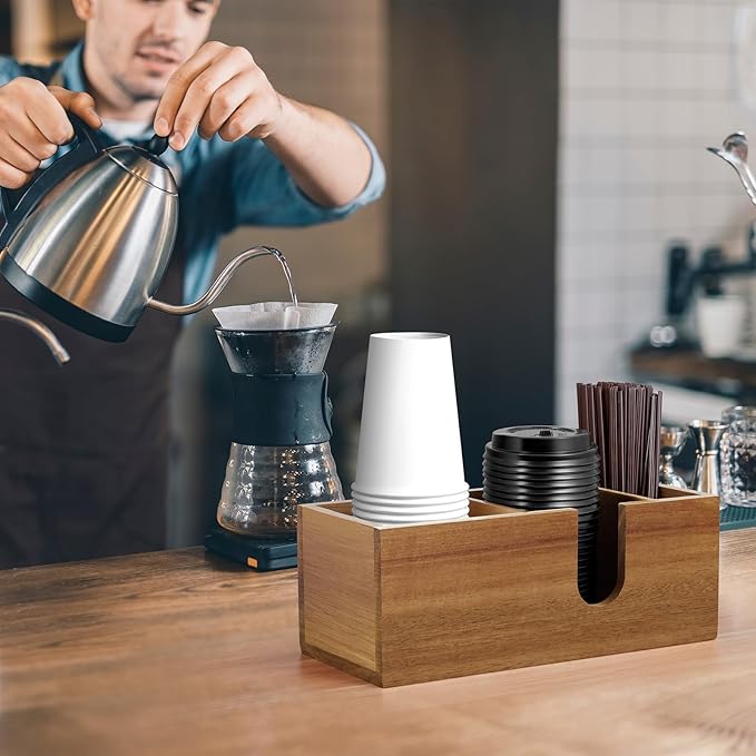 ALELION Acacia Wood Coffee Cup Holder for Countertop - Wood Coffee Bar Accessories and Organizer - Coffe Station Organizer for Cup Lid Stirrers Pod - Image 6