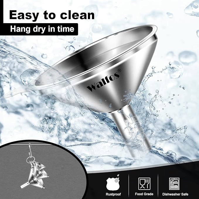 WALFOS Mini Stainless Steel Funnels, Multi-use Small Kitchen Funnel Set, for Transferring Liquid, Fluid, Essential Oils, Powder,Tiny Spices,Long-Lasting and Dishwasher Safe (3 in、2.2 in、1.7in) - Image 7