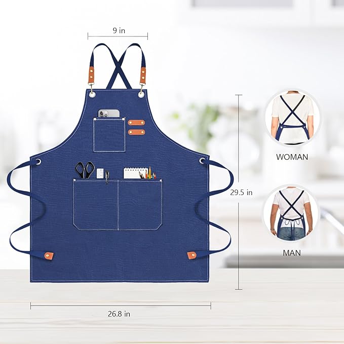 OUNLEN Chef Apron for Men Women Canvas Aprons with 3 Pockets Cross Back Resistant Work Apron for Cooking - Image 2