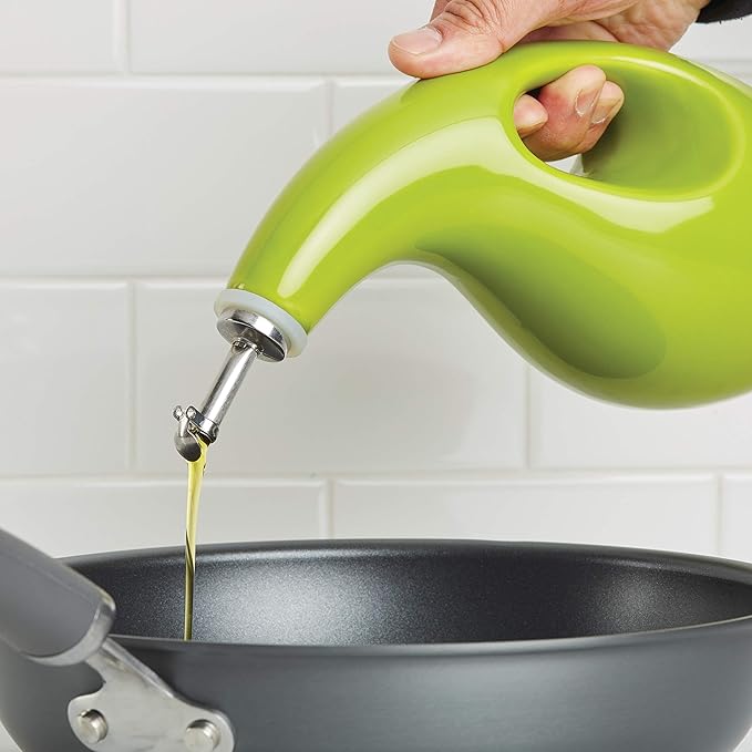 Rachael Ray Solid Glaze Ceramics EVOO Olive Oil Bottle Dispenser with Spout - 24 Ounce, Green - Image 2