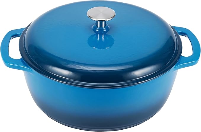 Amazon Basics Enameled Cast Iron Dutch Oven Pot with Lid, Oven Safe, Heavy-Duty, Dual Handles for Roasting and Stews, 7.3-Quart, Blue by AmazonBasics