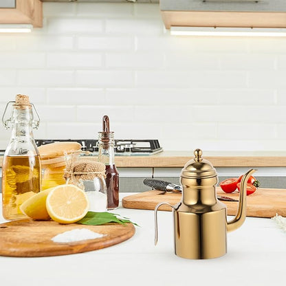 Garneck Gold Olive Oil Dispenser Bottle for Kitchen 11oz Stainless Steel Oil Storage Container With Long Spout Vinegar Grease Pot With Non- Slip Handle for Bbq Cooking Restaurant