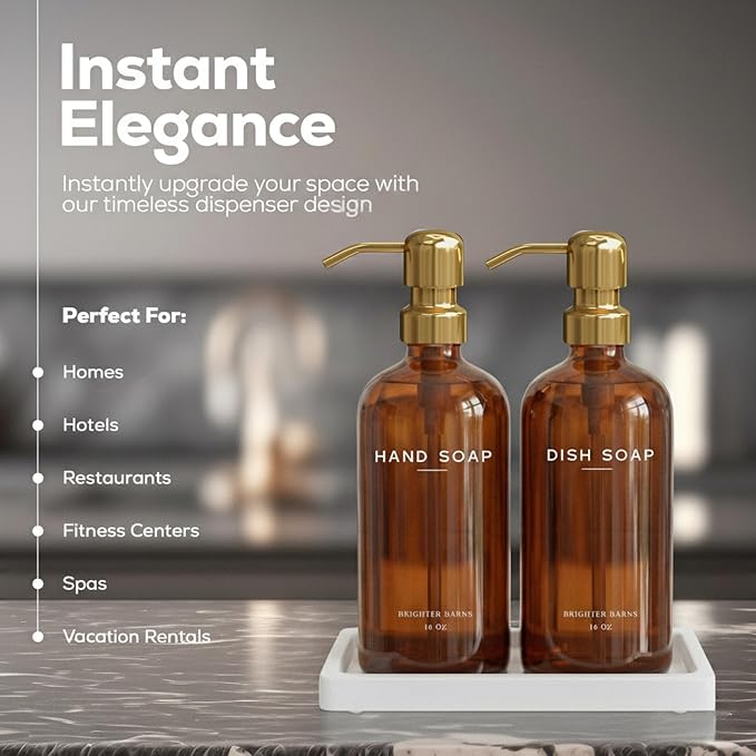 Luxury Glass Hand and Dish Soap Dispenser Set with Tray by Brighter Barns - Kitchen Soap Dispenser with Tray and Pump for Kitchen Sink - Luxury Home Decor for Airbnb, Restaurant, Hotel (Amber/Gold) - Image 2