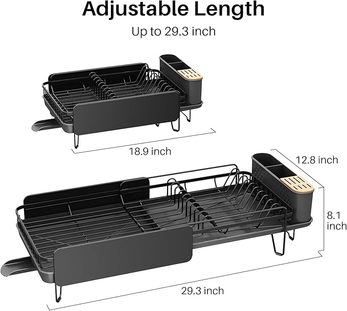 SNTD Dish Drying Rack - Large Dish Racks for Kitchen Counter, Expandable Dish Drainers with Cutlery Holder Stainless Steel Rustproof, Black - Image 2