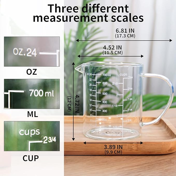 77L Glass Measuring Cup, Clear Liquid Measuring Cup with V-Shaped Spout and Three Scales, High Borosilicate Glass Beaker with Handle for Kitchen or Restaurant, 700 ML (0.7 Liter, 2 3/4 Cup) - Image 4