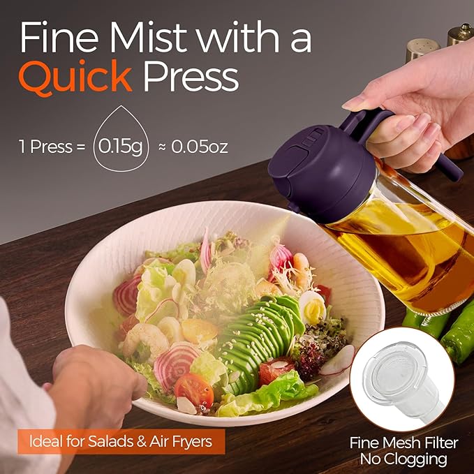 YARRAMATE 16oz/470ml Glass Olive Oil Sprayer for Cooking with Stickers, 2 in 1 Oil Dispenser for Kitchen Gadgets, Food Grade Premium Spray Bottle with Portion Control for Salad, BBQ (Purple) - Image 3