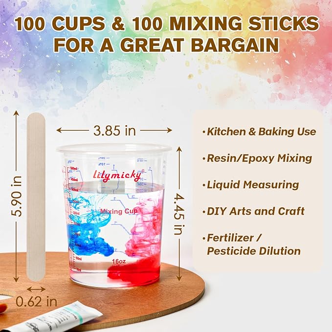 16 oz Plastic Mixing Cups, 100 Pack 16 oz (500ml) Disposable Measuring Cups with 100 Wooden Mixing Sticks, Can Be Used for Epoxy Resin, Liquid Measuring, Paint, Cooking and Baking - Image 2