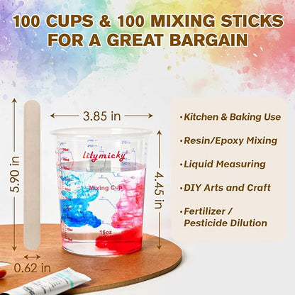 16 oz Plastic Mixing Cups, 100 Pack 16 oz (500ml) Disposable Measuring Cups with 100 Wooden Mixing Sticks, Can Be Used for Epoxy Resin, Liquid Measuring, Paint, Cooking and Baking - Image 2