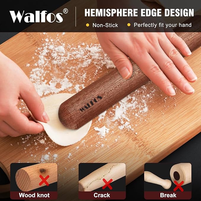 Walfos French Rolling Pin Set - Natural Wooden Rolling Pins (8inch, 15.7inch), Baking Dough Roller for Pizza, Pie, Pasta, Bread, Pastry, No Coating - Image 2