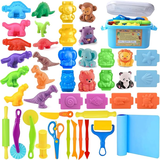 Dough Tool Set, 31 Pcs Basic Dough Tools Kits for Kids, Dough Accessories Includes Storage Container, Mat, 3D Animal, Cutters Roller, Rolling Pins, Safety Scissors by Wxqfumy