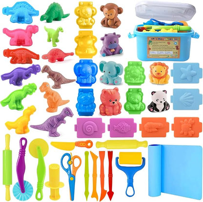 Dough Tool Set, 31 Pcs Basic Dough Tools Kits for Kids, Dough Accessories Includes Storage Container, Mat, 3D Animal, Cutters Roller, Rolling Pins, Safety Scissors by Wxqfumy