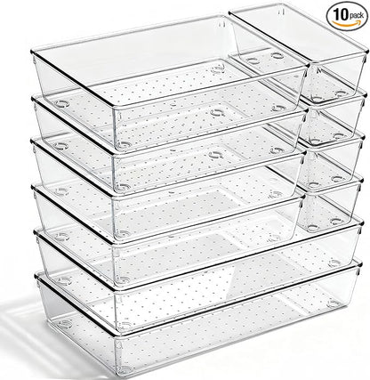 10 Pack Large Drawer Organizer Bins - Clear Plastic Bathroom Drawer Organizer Trays - Heavy Duty Kitchen Drawer Dividers for Utensils - Non-Slip Storage Bins for Makeup, Bedroom, Office Desk by CHOWAY