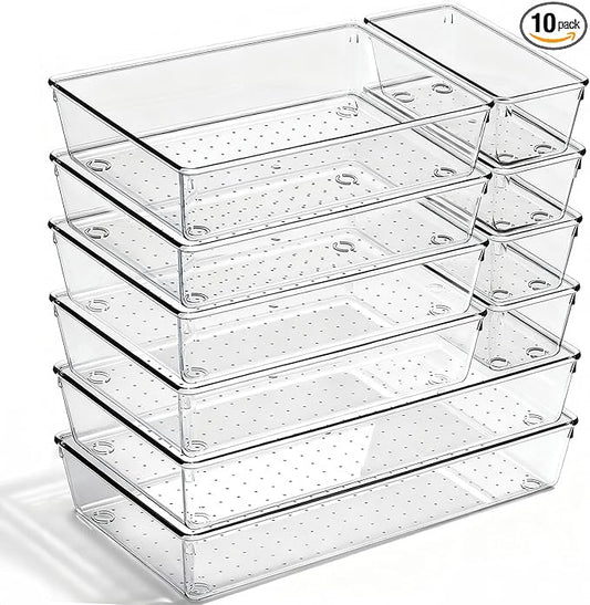 10 Pack Large Drawer Organizer Bins - Clear Plastic Bathroom Drawer Organizer Trays - Heavy Duty Kitchen Drawer Dividers for Utensils - Non-Slip Storage Bins for Makeup, Bedroom, Office Desk by CHOWAY