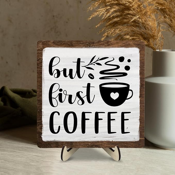 Vintage Coffee Bar Wooden Plaque Desk Sign, Farmhouse Wood Plaque Tabletop Decor for Cafe Bar Kitchen Office,Coffee Station Accessories 5.9x5.9Inch (White&Brown4, 5.9x5.9inches) - Image 5