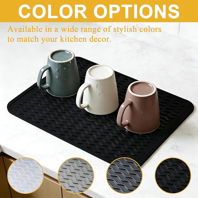 Silicone Dish Drying Mat for Kitchen Counter Eco-Friendly Fast Dry Dish Mat Easy Clean Multi Usage Drying Matt Heat Resistant Trivet Fits Under Rack, Black 12" x 16"