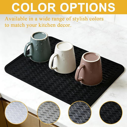 Silicone Dish Drying Mat for Kitchen Counter Eco-Friendly Fast Dry Dish Mat Easy Clean Multi Usage Drying Matt Heat Resistant Trivet Fits Under Rack, Black 12" x 16"