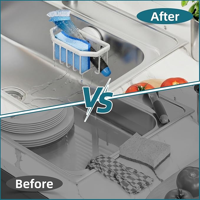 TAILI Sink Caddy with Strong Suction Cup, Sponge Holder for Kitchen Sink Organizer, Removable Sponge Caddy Inside Sink, Rustproof Aluminum Holder for Sponges, Brushes - White - Image 8