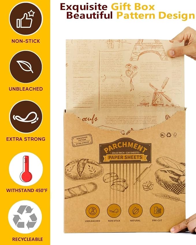 Katbite 130Pcs 10 Inch Sandwich Wrapping Paper, Heavy duty Deli Paper, Greaseproof & Non-stick Parchment Paper, Pre-cut Unbleached Parchment Paper is Perfect for Wrap Bread, Burger and Sandwich - Image 5