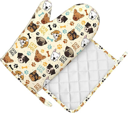 Cute Dog Oven Mitts and Pot Holders Set - Heat Resistant (500°F) Non-Slip Silicone Kitchen Gloves for Cooking, Baking, Grilling & BBQ - Kitchen Accessories for Women/Men, Gift Idea