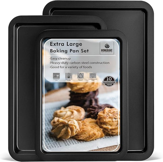 HONGBAKE XL Large Baking Sheet Set-19x13.25 in, Large Cookie Sheet Pan, Nonstick Oven Tray with Wider Grips, 3 Pack Bakeware, Dishwasher Safe - Dark Grey by HONGBAKE