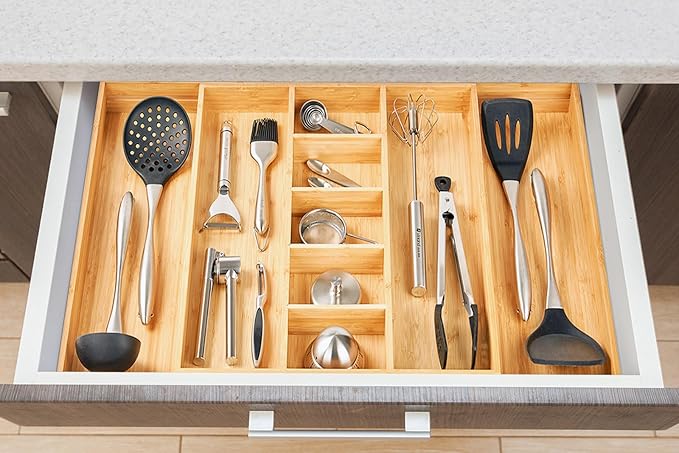 Umilife Extra Large Expandable Kitchen Drawer Organizer for Utensil and Junk, 19" Deep for Big Drawer, 17" to 28" Adjustable Bamboo Wood Drawer Divider, Cutlery Tray, Flatware Holder - Image 6