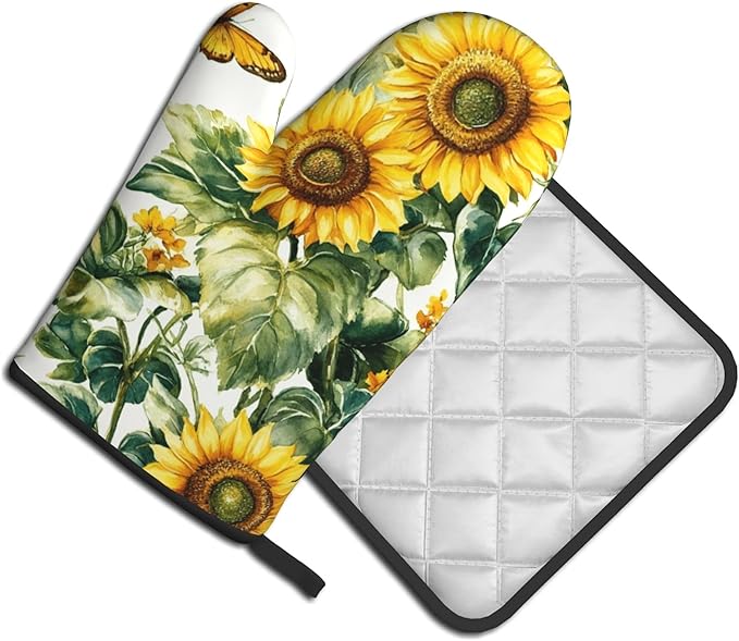 Sunflower Oven Mitts and Pot Holders Spring Summer Kitchen Accessories Set of 2 Floral Plant Botanical Gloves Potholder for Chef Cooking Baking Grilling BBQ - Image 2