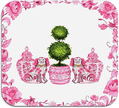 Pink Chinoiserie Dish Drying Mat - Pink Porcelain Dish Drying Mat,Chinoiserie Dog Drying Mat For Kitchen Counter,Coffee Bar Mat,Vintage Chinoiserie Drying Mat,16x17.5 Inch