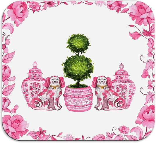 Pink Chinoiserie Dish Drying Mat - Pink Porcelain Dish Drying Mat,Chinoiserie Dog Drying Mat For Kitchen Counter,Coffee Bar Mat,Vintage Chinoiserie Drying Mat,16x17.5 Inch
