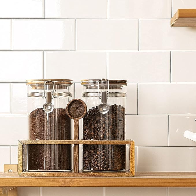 Yangbaga Glass Coffee Container with Wooden Shelf,2×45OZ Coffee and Sugar Container Set,Coffee Canisters with Airtight Lids and Scoop,Large Capacity Food Storage Jars for Coffee Beans,Nuts,Tea,Sugar - Image 8