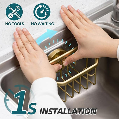 TAILI Sponge Holder for Kitchen Sink with Strong Suction Cup Removable, Rustproof Aluminum Sink Caddy for Sponge, Brush, Scrubber, Scraper -Gold - Image 2