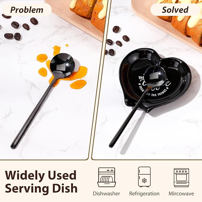 FoldTier 2 Pcs Ceramic Coffee Spoon Rest with Spoon Small Heart Black White Stirrer Holder Bar Station Accessories Decoration Lover Housewarming Gift(Rest But First Coffee) - Image 4