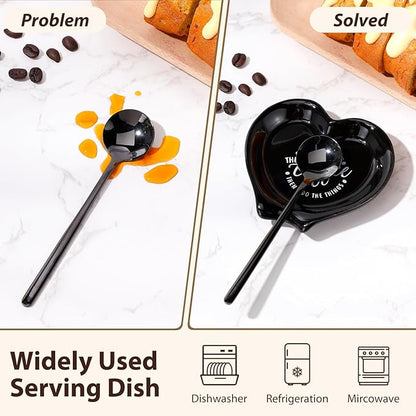 FoldTier 2 Pcs Ceramic Coffee Spoon Rest with Spoon Small Heart Black White Stirrer Holder Bar Station Accessories Decoration Lover Housewarming Gift(Rest But First Coffee) - Image 4
