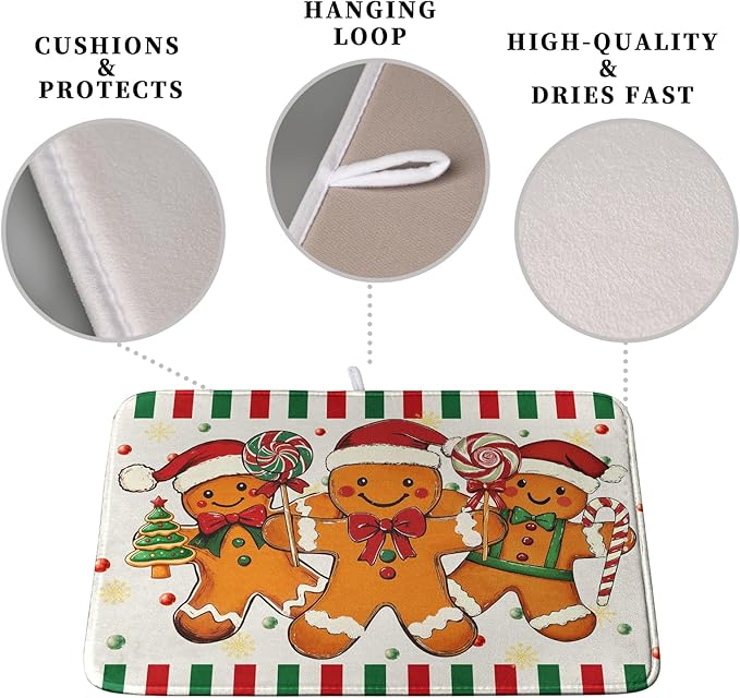 Christmas Dish Drying Mat Gingerbread Man Candy Cane Xmas Tree Drying Mats for Kitchen Counter Winter Holiday Dish Drainer Pad Absorbent Microfiber Dish Draining Mat 18x24 Inch - Image 3