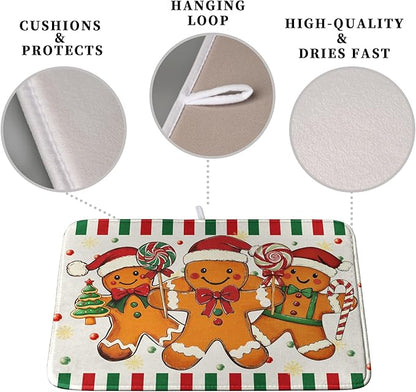 Christmas Dish Drying Mat Gingerbread Man Candy Cane Xmas Tree Drying Mats for Kitchen Counter Winter Holiday Dish Drainer Pad Absorbent Microfiber Dish Draining Mat 18x24 Inch - Image 3