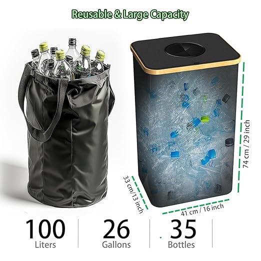 Recycling Bin for Kitchen Indoor Home, Large 26 Gallon 100L Recycle Bin with Lid Removeable Reusable Inner Bag Bottle Can Glass Waste Plastice Stickers,Black - Image 4