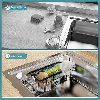 StorageRight 4-in-1 Sponge Holder for Kitchen Sink, Sink Caddy Organizers and Storage with Adhesive Hook & Suction Cups, Rustproof Kitchen Sink Organizer for Home Decor - Black - Image 5