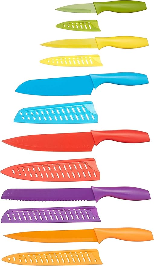 Amazon Basics Color-Coded Dishwasher Safe Kitchen Knife Set, 12-Piece with Ergonomic Handles, Non-stick Sharp Blades, 6 Knives with 6 Blade Guards, Multicolor, 13.88 x 4.13 x 1.38 inch by AmazonBasics