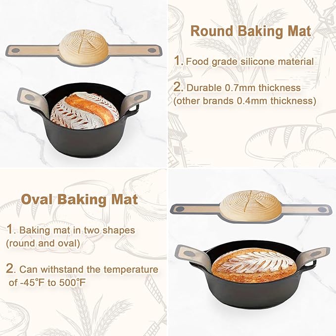 Bread Making Tools and Supplies, Set of 7, inclued Round Baking Mat and Oval Baking Mat, Sourdough Danish Dough Whisk, Bread Lame Dough Scoring, Bread Scraper Dough Cutter, Perfects Gift for Baker