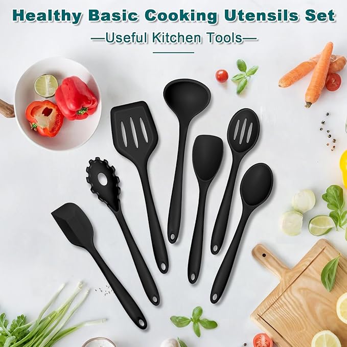 TeamFar Silicone Cooking Utensil Set of 7, Black Kitchen Nonstick Tools Turner Spoon Spatula Ladle Pasta Server for Nonstick Cookware, Healthy & One-Piece, Anti-Heat & Dishwasher Safe - Image 7