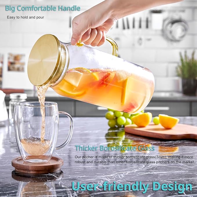 Bivvclaz 2 Liter 68 oz Gold Glass Pitcher with Lid and Handle, Glass Carafe for Hot/Cold Water, Large Iced Tea Pitcher for Coffee, Juice and Homemade Beverage - Image 3
