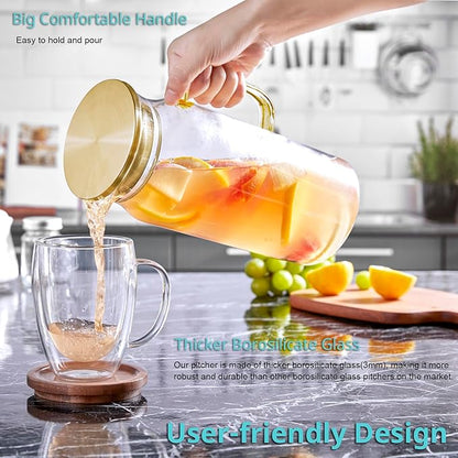 Bivvclaz 2 Liter 68 oz Gold Glass Pitcher with Lid and Handle, Glass Carafe for Hot/Cold Water, Large Iced Tea Pitcher for Coffee, Juice and Homemade Beverage - Image 3