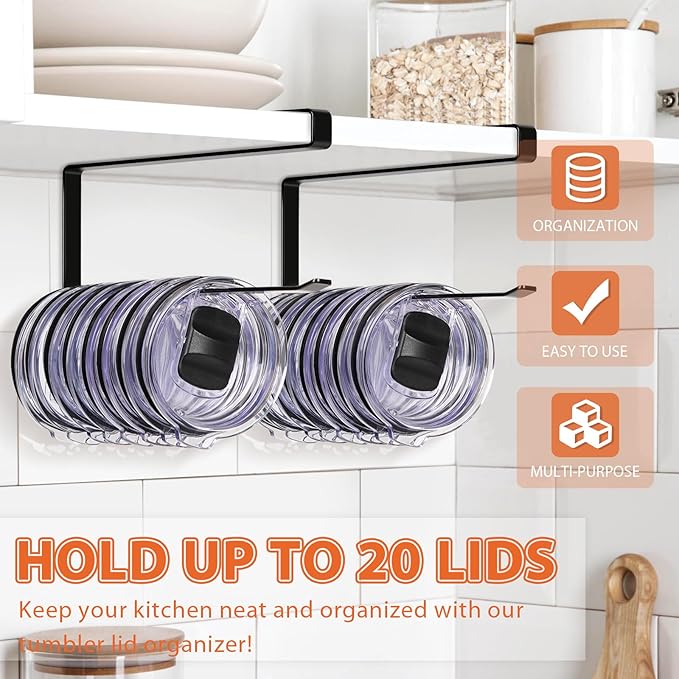 2 Pack Tumbler Lid Organizer, Horizontal Tumbler Lid Storage Hook to Hold Up 20 Lids, Space Saving Cup Lid Holders Under Cabinet Tumbler Lid Hook for Kitchen Organizer, Paper Towel Rack Hanger (Black) - Image 2
