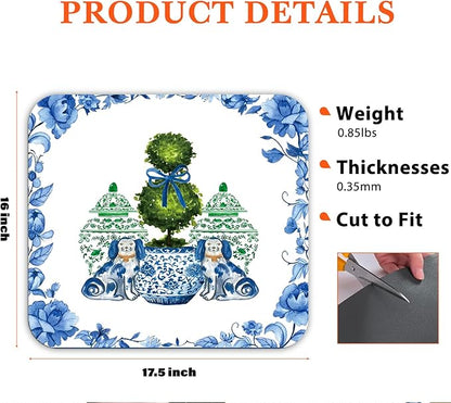 Chinoiserie Dish Drying Mat - Blue And White Green Porcelain Dish Drying Mat,Chinoiserie Dog Drying Mat For Kitchen Counter,Vintage Chinoiserie Drying Mat,Coffee Bar Mat,16x17.5 Inch