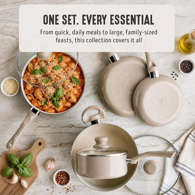 GreenLife 16-Piece Nonstick Cookware Set, Non-Toxic Ceramic Pots and Pans Set, Durable Healthy Kitchen Essentials, Fast Heating, Induction Ready, Easy Clean Dishwasher Safe, PFAS-Free, Beige Taupe