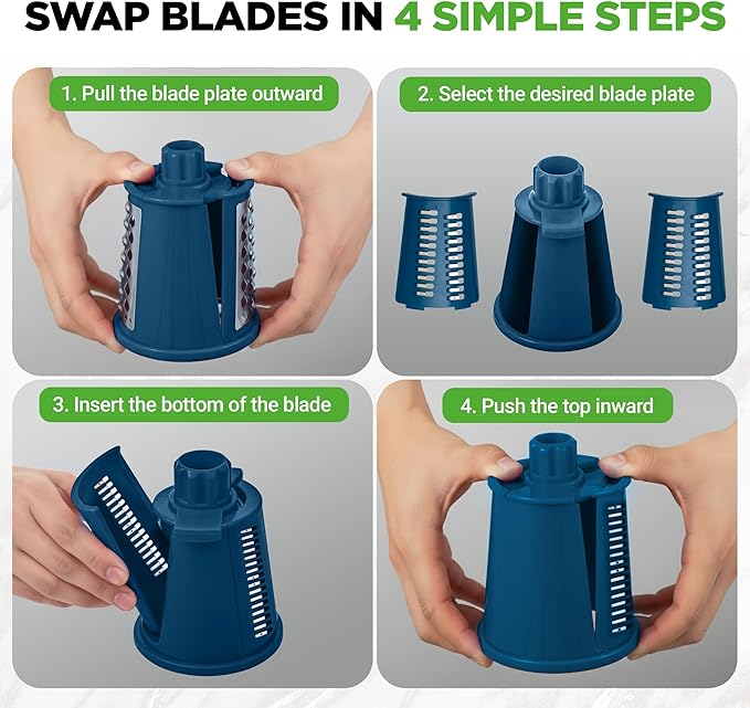 NutriChef 5 in 1 Cheese Grater & Shredder | 5 Different Blades for Thin, Thick, Julienne Strips, Wavy, & Straight Strips | Includes Hand Crank, Strong Suction Base & Storage Container | Blue - Image 3