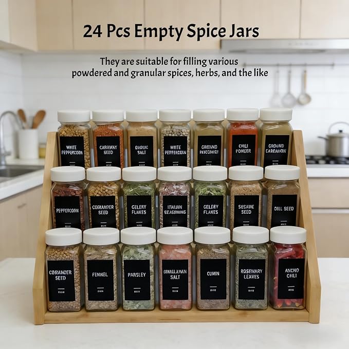 Spice Jars with Labels - 24 Glass Spice with Shaker Lids & Airtight Plastic Caps - 4oz Complete Seasoning Containers Organizer Set for Cabinet, Drawer & Rack (Beige) - Image 3