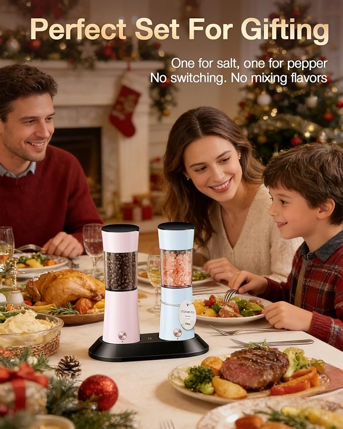 Gravity Electric Salt and Pepper Grinder Set with USB-C Charging Base,Rechargeable Automatic Stainless Steel Pepper Mill Grinder with LED Light, 2pack+Peach Orange (Morning Haze+Petal Pink)