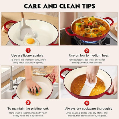 Overmont Enameled Cast Iron Dutch Oven - 3.8 Quart Dutch Oven Pot with Lid - Shallow Cookware Braising Pan - Cast Iron Casserole with Cookbook & Heat-Resistant Caps - Oven Safe up to 500° F Red