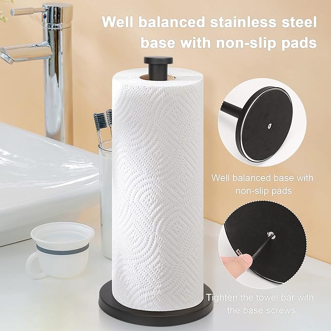 NearMoon Standing Paper Towel Holder, Kitchen Paper Towel Tissue Holder- for Bathroom Countertop, Standard or Jumbo-Sized Roll Paper (with Stainless Steel Base, Matte Black) - Image 5